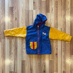 Vintage Blue and Yellow Kids' Hooded Rain Jacket with Pocket Patch